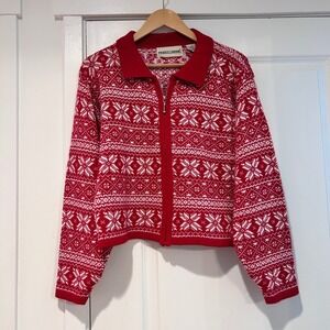 Vintage Nordic Holiday Red Fair Isle Wool Collar Sweater Small Cottagecore Cabin